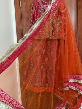 Elegant Orange and Pink Embroidered Wedding Dress
